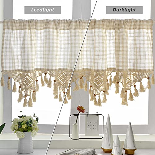 Sfj-Ca SFJ058CT-CW45*150US Boho Plaid Valances For Windows, Kitchen Macrame Curtain 18 Inches Decorated With Wodden Beaded With Tassels, Rod Pocket Bedroom Kitchen Window Treatment Decor thumb #1