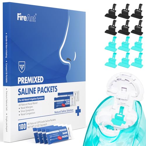FireAnt 100 Saline Packets and 12 Reusable Saline Pods Refills Set, Compatible with Navage Nasal Care - Includes 100 Count Salt Packets Sinus Rinse + 12 Pack Silicone Salt Pads Refill in Black & Blue