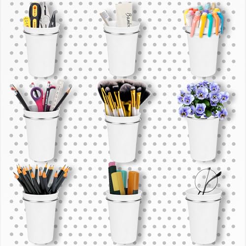 Image of Pegboard Cups With Loops, 9 Pack White Peg Board Pencil Holder Organizer | 1 /8 inch 1 /4 inch Pegboard Accessories, Plastic Hanging Organizer Cups, Tool Organizer Set for Garage Craft Workshop Hobby Storage