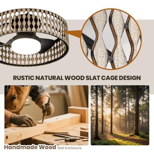 Image of Boho Farmhouse Ceiling Fan with Lights,Rustic Wood Caged Ceiling Fan 20 inchs Low Profile Flush Mount Ceiling Fan Dimmable LED Light Quiet 6 Speed DC Motor for living room Bedroom Kitchen