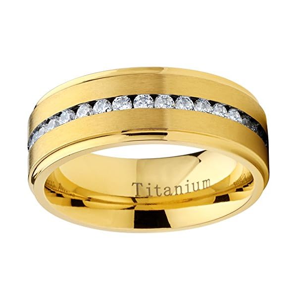 GoldTone Titanium Men's Eternity Wedding Band Ring with Cubic Zirconia CZ, Comfort Fit 8mm SZ 11 - Image 4