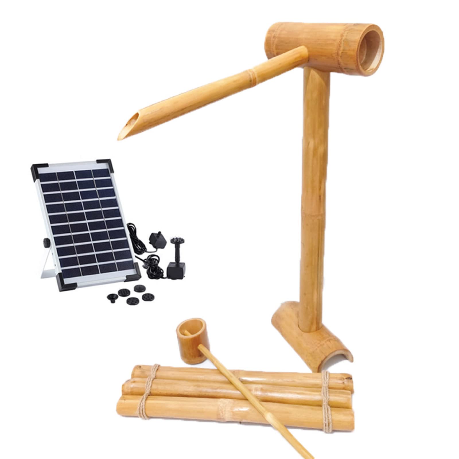 asdchZen Bamboo Fountain Kit With Pump, Bird Bath Bamboo Fountain Solar Zen Garden Bamboo Fountain Bamboo Flowing Water Courtyard Decoration With Bamboo Raft And Spoon, For Fish T