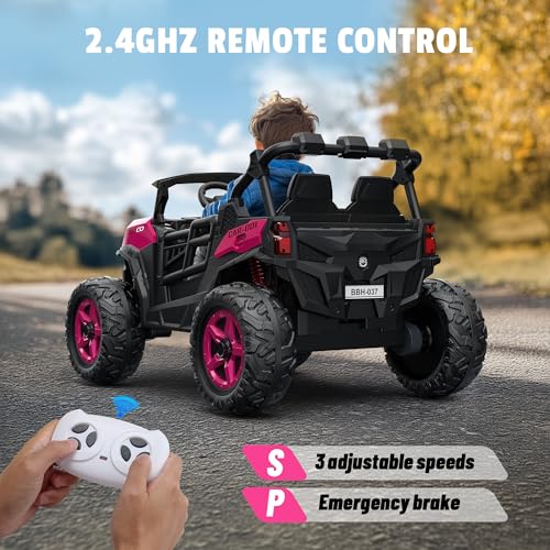 ARBELI 24V 2 Seater Ride on Car Truck 4x200W, EVA Tires, 4WD/2WD, Rainbow Lights, Remote Control, Shock Absorbers, Bluetooth, Ride on Toy for Big Kids Ages 3-8, Pink