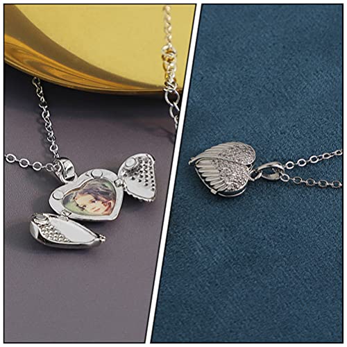 Generic Locket Necklace Heart Shaped Angel Wing Photo Locket Necklace Memory Pendant With Personalized Picture Creative Neck Chain For Women Men, Silver #TOP5