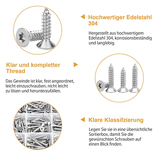 VIGRUE 385 Stück Edelstahl-Schrauben Set M3 M4 M5, Spanplattenschrauben mit Senkkopf, Selbstschneidende Schrauben Mit 3 Stück Bits