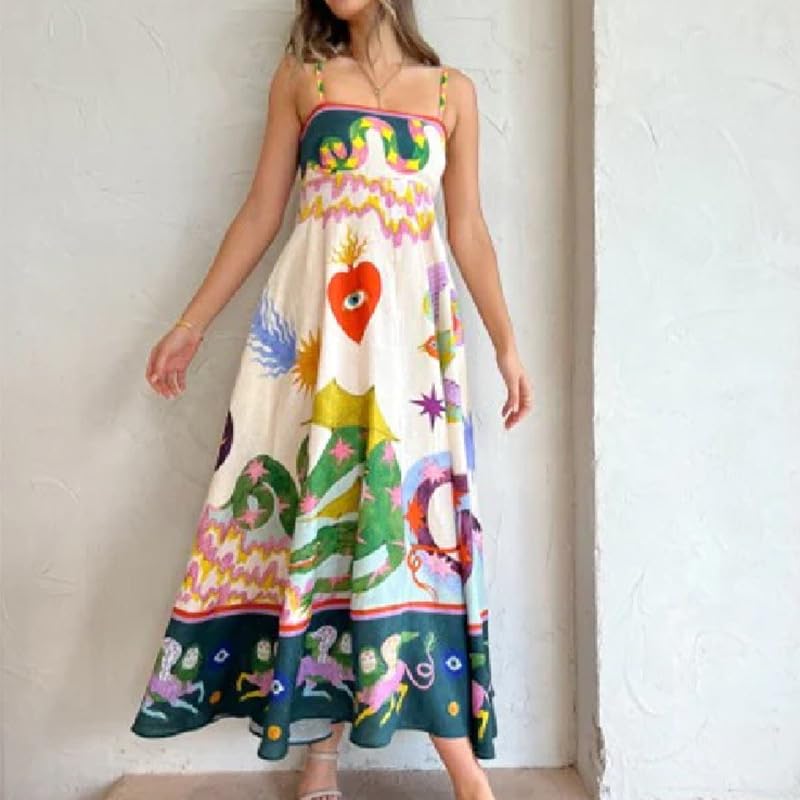 Whimsical Animal Print Maxi Dress, Strapless Empire Waist, Multi-Color Summer Dress with Artistic Pattern3