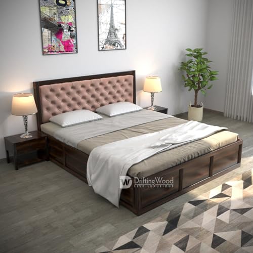 Image of DRIFTINGWOOD Dolvi Solid Sheesham Wood King Size Bed with Storage | Wooden Double Bed Cot Bed with Box Storage & Pink Velvet Upholstered Cushioned Headboard for Bedroom | Walnut Finish