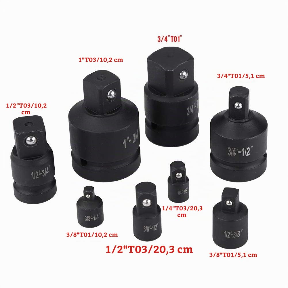 Set di adattatori a percussione, 8 pezzi, convertitore a bussola, adattatore convertitore, meccanismo Impactstep-up con custodia per conversioni driver, 8 pezzi, 1/4", 3/8", 1/2", 3/4", 1"
