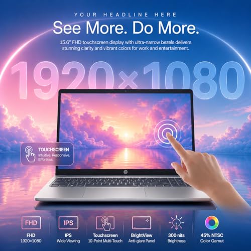 Image of HP 15.6 inch FHD IPS Touchscreen Laptop, Intel Core 7 150U, 16GB DDR5 RAM, 256GB SSD, 2026 Edition, Copilot Key, Wi-Fi 6, Numeric Keypad, Windows 11, Thin & Lightweight Laptop for Business & Students