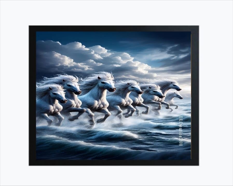 White Horse Wall Art Print, Running Horses in Ocean Waves, Dramatic Sky Canvas Framed Artwork, Black Frame