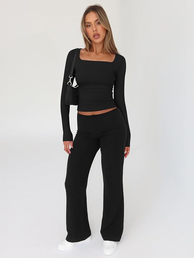 Trendy Queen Womens Long Sleeve Shirts Square Neck Going Out Crop Tops Fashion Y2k Workout Clothes Fall Outfits 2025