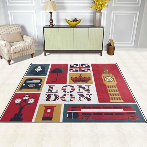 Sxakswol Tapis de Salon Londres Tapis 60x120 cm Poil Court Moderne Chambre Enfant Adulte Royaume-Uni. 3D Doux Lavable Antidérapant pour Entrée, Cuisine,...