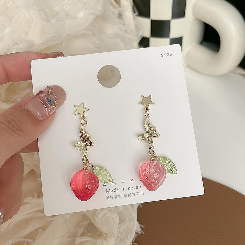Image of Cute Strawberry Stud Earrings Fruits Small Stud Earrings Red Enamel Lifelike Strawberry Earrings Summer Birthday Jewelry Gifts for Girls