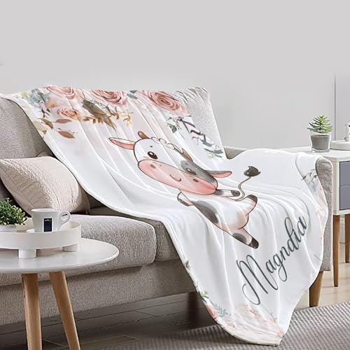 Image of Cute Cow Throw Blankets with Name, Personalized Cow Gifts for Boys Baby, Soft Flannel Animal Blankets,40 inchx50 inch for Kids