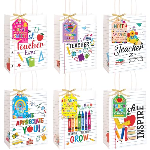 ceiba tree Teacher Appreciation Gift Bags with Handles and Tags 12Pcs Back to School Paper Bags Lined Notebook Theme Treat Bags for Teacher Appreciation Week End of Year Graduation Party Supplies