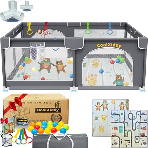 CoolKiddy® - Parque Infantil Bebe 127x127 Oxford Ultraligero+ Alfombra Bebe+ Bolas+ 4 Anillas+ Bolsa De Guardado+ Libro Sensorial+ Conectores Extras - Corralito Bebe es Ideal Para Gatear Con Seguridad