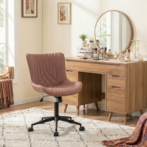 Image of YOUNIKE Office Chair, Armless Desk Chair with Wheels, Adjustable Swivel Home Office Computer Task Chairs, Modern Faux Leather Upholstered Vanity Chair with Back, Dusty Rose