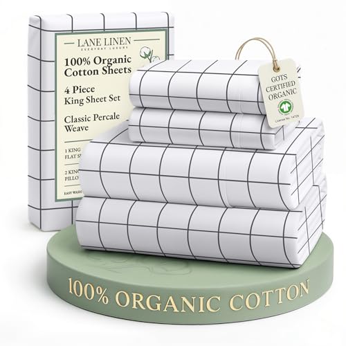Image of LANE LINEN 100% Organic Cotton King Size Sheets Set, Soft Breathable Sheets Percale Weave, All Season Machine Washable Hotel-Quality Mercerized Fully Elasticized Printed King Sheet Set - Windowpane