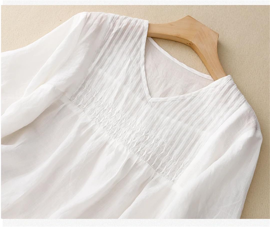 Wvapzxx Camicetta estiva da donna in cotone e lino con scollo a V mezza