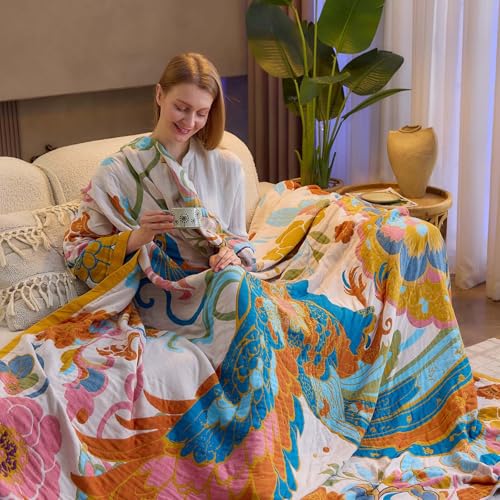 Image of XIBLC Boho Throw Blanket, Lightweight Blankets for Summer, 100% Cotton Bohemian Decorative Throw Blanket, 90 inchx98 inch Reversible Muslin Breathable Woven Farmhouse Blankets Quilt,