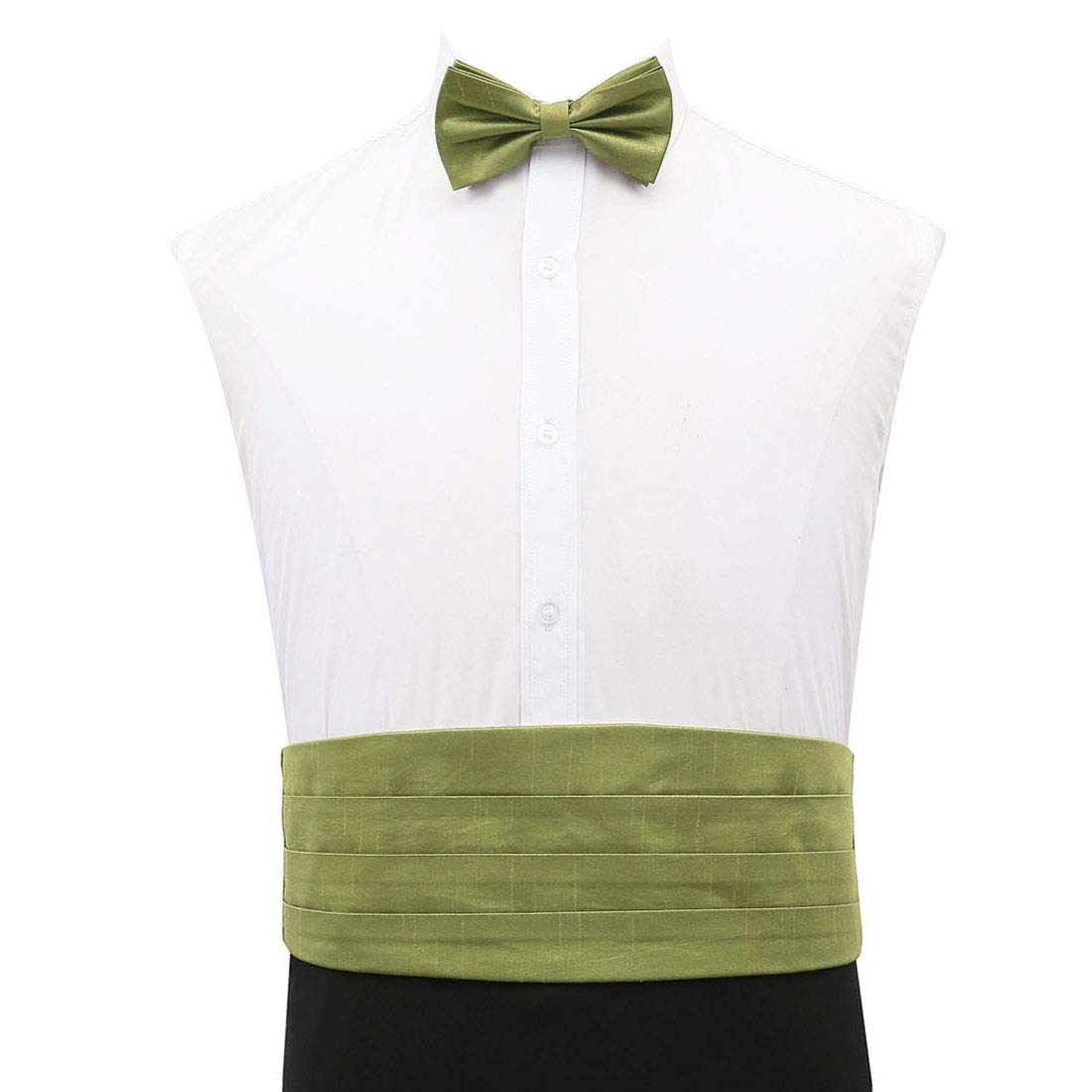 Dqt Men's Olive Green Plain Shantung Pre-Tied Bow Tie & Cummerbund Set - Wedding Tuxedo Formal