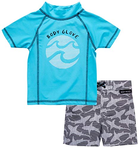 Body Glove Baby Boys 2-Piece UPF 50+ Rash Guard Swimsuit Set (Toddler Boys), Size 3T, Turquoise Shark