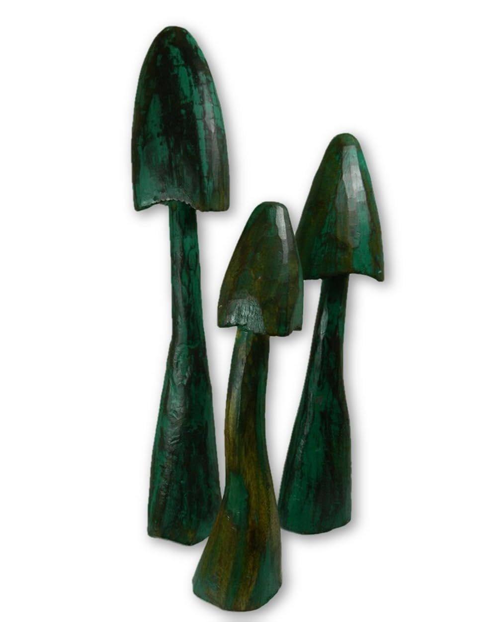 Thai Gifts Green Wooden Mushroom Carving - Set of 3 Large Closed Cup Toadstools - Approx. 40/50/60cm - Handmade Outdoor Garden Accessories Made From Sustainable Wood - Unique Fairy Garden Feature
