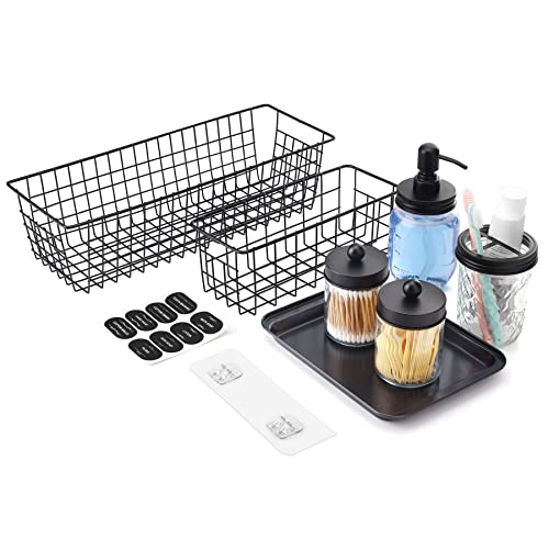 Mason Jar Bathroom Accessories Set 7 Pcs - 2 Qtip Jars, Lotion Soap Dispenser, Toothbrush Holder, 2 Metal Wire Bin Baskets & Black Vanity Tray Organizer for Vintage Farmhouse Decor Mason Jar Bathroom Accessories Set 7 Pcs - 2 Qtip Jars, Lotion Soap Dispenser, Toothbrush Holder, 2 Metal Wire Bin Baskets & Black Vanity Tray Organizer for Vintage Farmhouse Decor