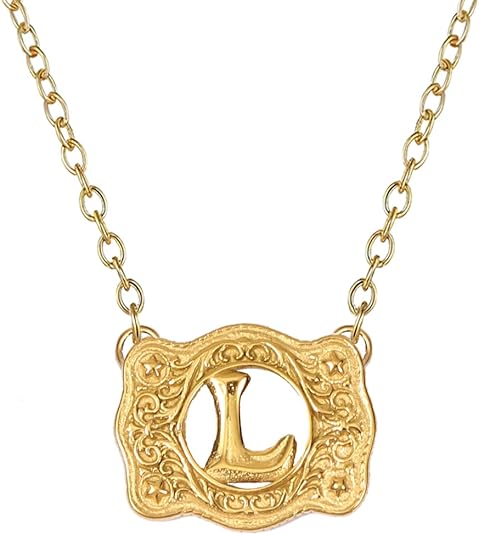 14K Gold Belt Buckle Necklace Western Style Initial Letter Pendant Necklace, Decorative Belt Buckle Frame Design