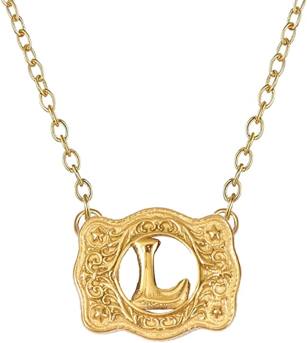 14K Gold Belt Buckle Necklace Western Style Initial Letter Pendant Necklace, Decorative Belt Buckle Frame Design