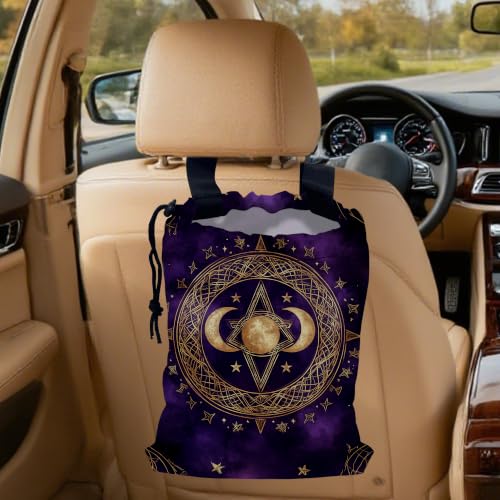 Moon and Star Car Trash Bag,Purple Crescent Moon Hanging Drawstring Car Garbage Bag,Canvas Car Back Seat Organizer with Adjustable Buckle for Men and Women