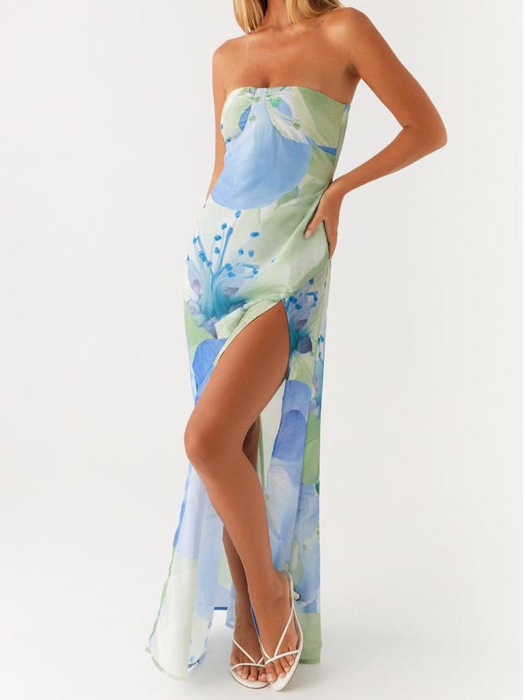 Image of Women Y2k Strapless Maxi Dress Floral Print Tube Long Dress Boho Beach Sundress Going Out Streetwear