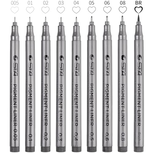 Foneso 9 bolígrafos de punta fina, resistente al agua, juego de delineador de pigmentos (8 anchos de línea y 1 pincel) para dibujar, ilustración de artistas, dibujo técnico, documentos de oficina