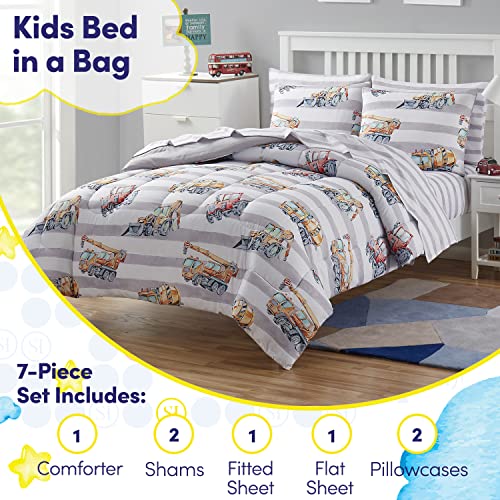 Image of Kids Bedding Set Bed in a Bag for Boys and Girls Toddlers Printed Sheet Set and Comforter , Full, Trucks