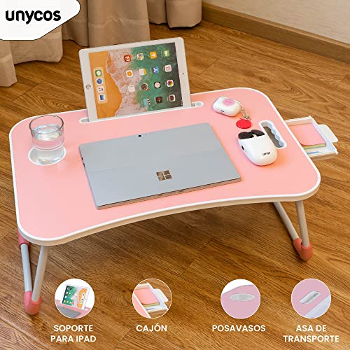 unycos - Bandeja para Cama, Mesa Plegable de Desayuno, Ideal para Portátil, Ordenador y Libros, Ergonómica, Mesa Auxiliar con Atril para Leer en la Cama 60x40x26 cm (Rosa con Cajón) - imagen 2