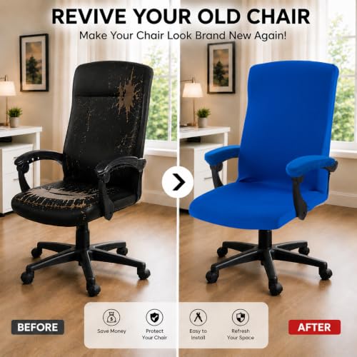 Image of Stretch Computer Office Chair Cover with Armrest Covers Durable Zipper Universal Washable Removable Spandex Rotating Boss Chair Slipcovers Anti-dust Soft Desk Chair Seat Protector, Royal Blue