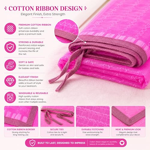 Image of Mosquito Net for King Size Bed & Double Bed (6x7 ft, Wall /Hook Hanging) Poly-Cotton Blend Fabric with Zigzag Wave Line Pattern, Pre-Fitted Bottom & Cotton Ribbon (Frame Not Included-Bright Pink)
