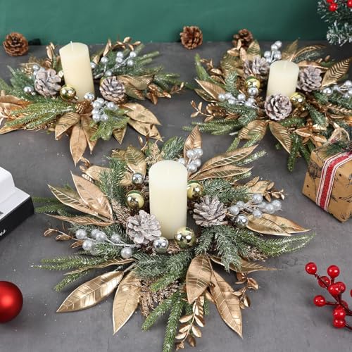 Image of 6 Pcs Christmas Candle Rings Wreaths Artificial Pine Wreaths with Christmas Balls Golden Twigs and Silver Berries Candle Ring Holder for Xmas Winter Indoor Centerpiece Table Decorations