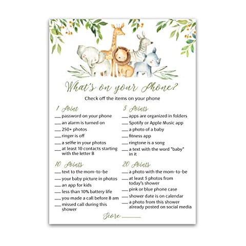 SAFARI ANIMALS Baby Shower Game — WHAT'S ON YOUR PHONE Baby Shower Game — Pack of 25 — Country Rustic JUNGLE THEME Baby Shower Games, Welcome to the Wild Shower Baby Boy Shower Activity G550-PHN Cover