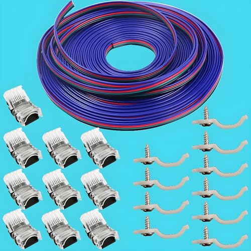 CESFONJER 10-delige set 4-polige LED-stekkers voor waterdichte 10 mm RGB 5050 LED-lichtstrips, strip-to-wire snelverbinding zonder strippen, 4-polige verlengkabels met 16,4 voet (22 gauge)