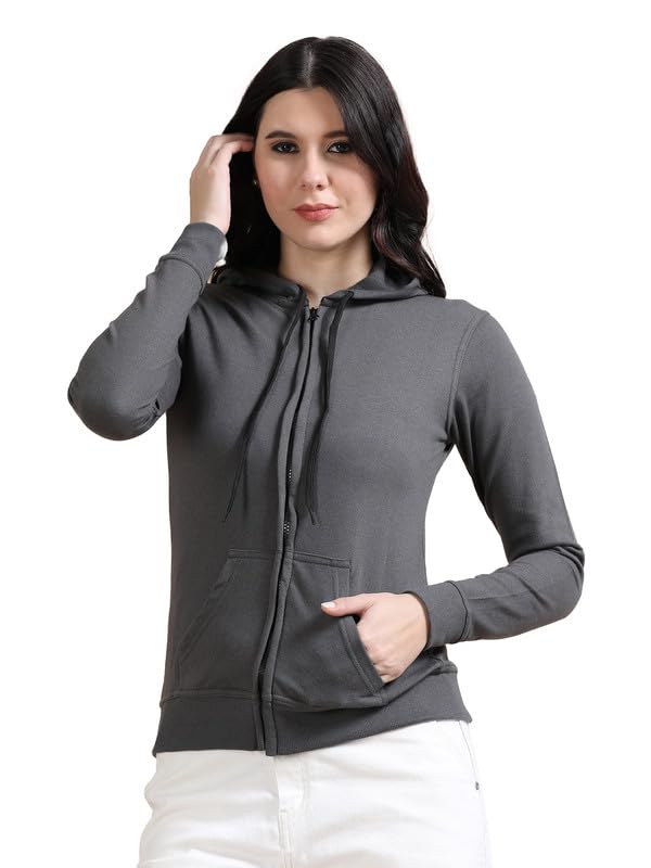 Image of Wafaa Women's Cotton Plain Hooded Neck Full Zipper Sweatshirt Hoodies with Kangaroo Pocket