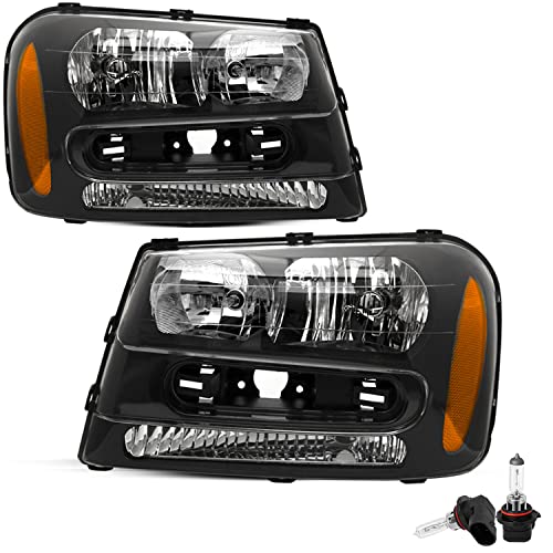 JSBOYAT Headlight Assembly with Bulbs Replacement for 2002-2009 Chevy Trailblazer Passenger and Driver Side Black Housing with Amber Reflector