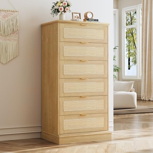 Image of HUAHUU 6 Drawer Dresser for Bedroom, 50 Inch Tall Dressers & Rattan Chest of Drawers, Boho Style, Wood Modern Dressers Organizer for Bedroom, Living Room, Hallway, Entryway, Oak