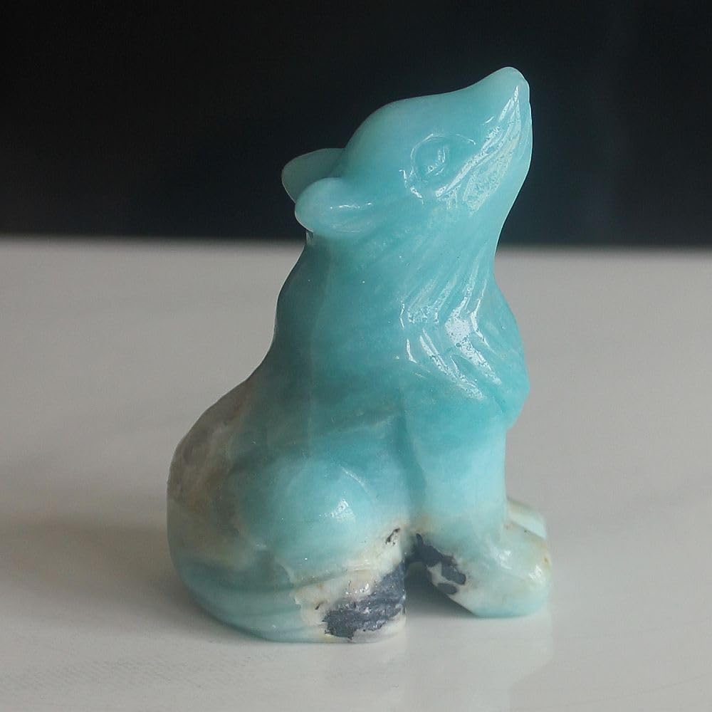 HLbshi Hand Carved Gemstone crystal amazonite wolf Figurine Animal carving statue Office Home Decor 2''