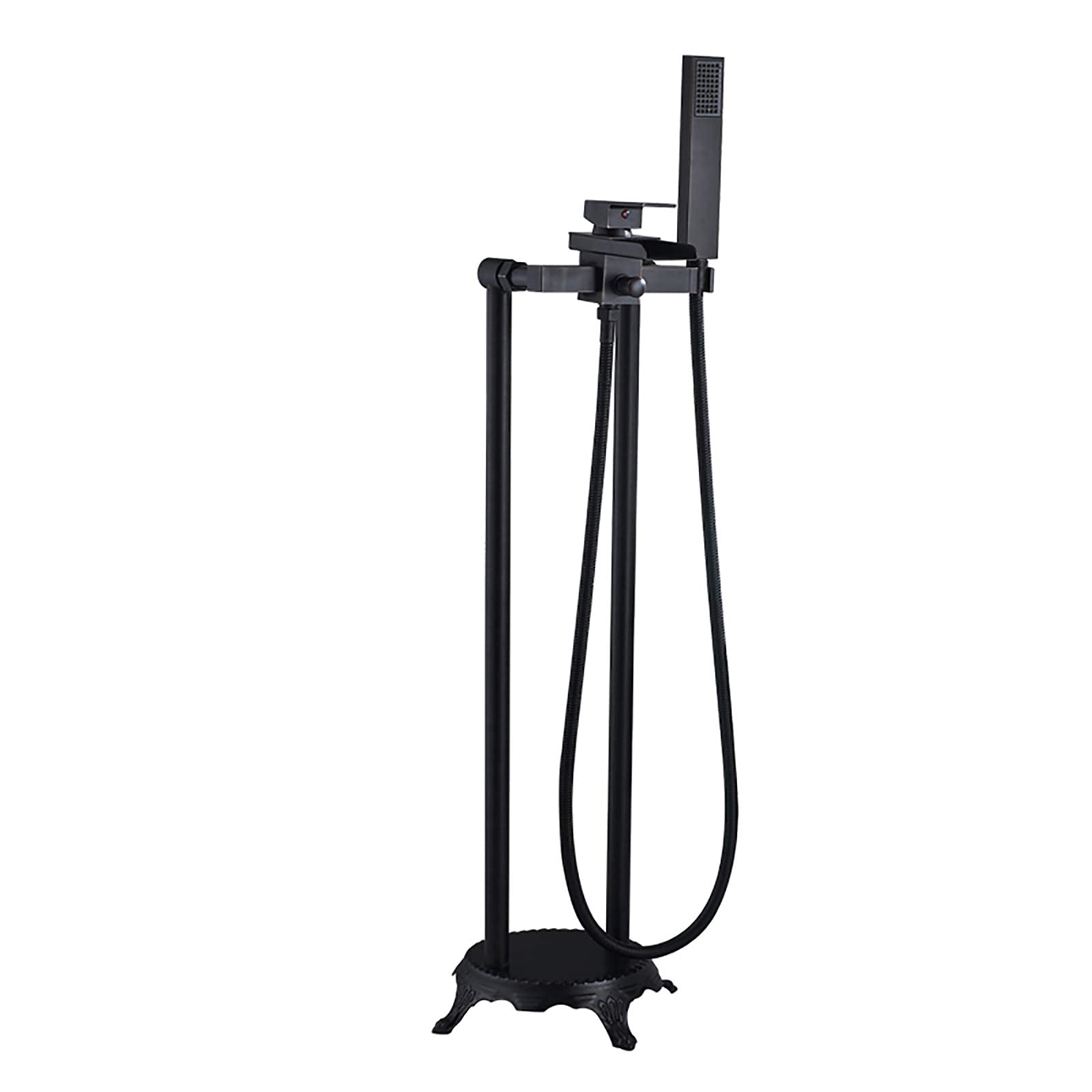 SnamicE Freestanding Bathtub Faucet Single Handle Floor Mount Tub Filler Brass Freestanding Bath Taps Hot Cold Water Mixer Tap with Handheld Shower and Waterfall Tub Spout,Black,