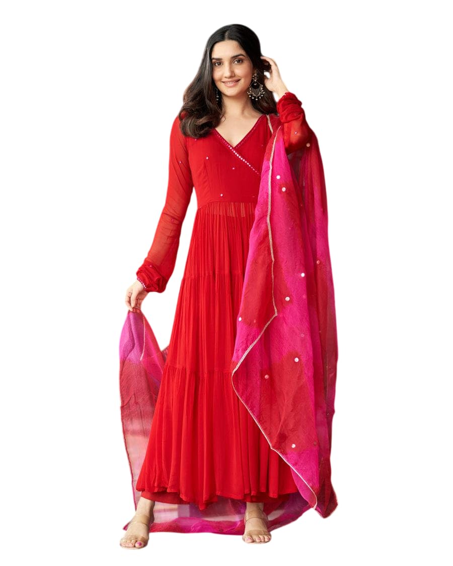 kal craft world Women's Georgette Solid with Minimal Embellishment Long Anarkali Kurti With Pant And Dupatta Set (Red)-picture-18