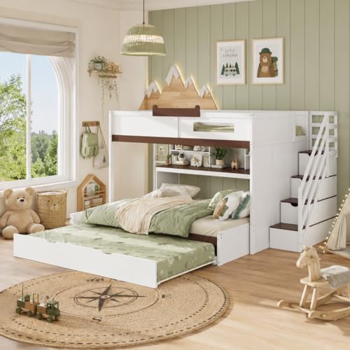 Image of Merax Full Over Full Wood Bunk Bed with Twin Size Trundle with Stairs & Hidden Storage & Shelves, Built-in 3-in-1 LED Lights, Multi-Level Storage Hub, Space-Saving Bedroom Furniture, White+Brown