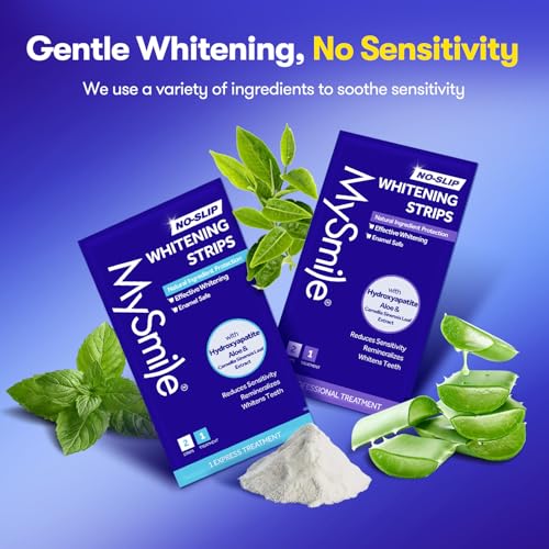 Image of MySmile Teeth Whitening Strips, Hydroxyapatite-Infuse White Strips, Non-Sensitive Tooth Whitener with Soothing Natural Ingredients, Enamel-Safe, Residue-Free, Non-Slip (28 Count)