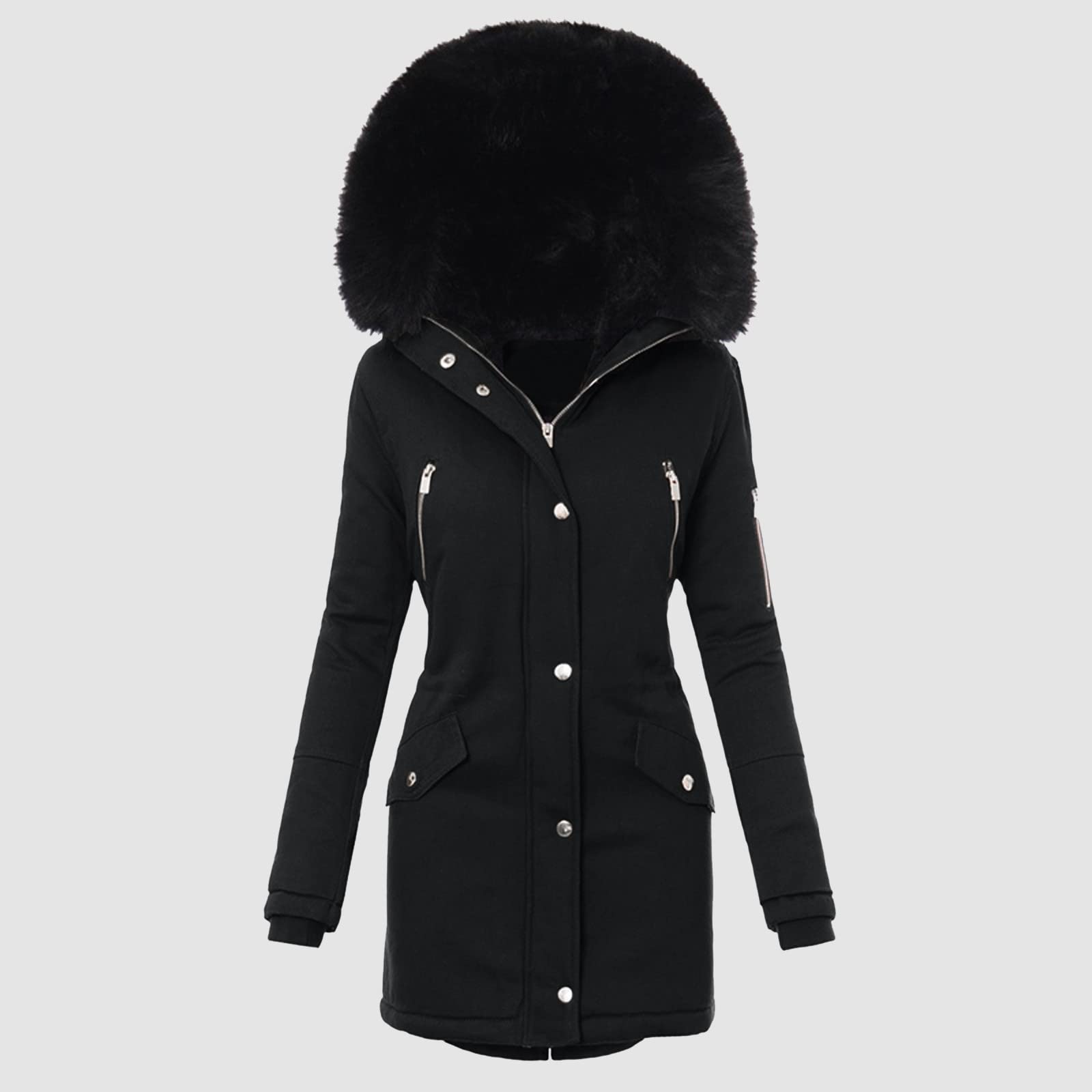 Manteau d'hiver épais pour femme avec fourrure - Couleur unie - Parka d'hiver avec capuche - Coupe-vent avec poches - Longueur moyenne - Veste d'hiver douce - Coupe-vent