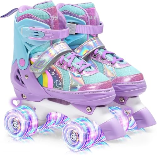OLYSPM Kids Roller Skates for Girls Boys Pro 4-Size Adjustable Roller boots With 8 Light Up Wheels Beginner safe Childrens Quad Skates - Ideal Christmas Birthday Gift(Purple S)